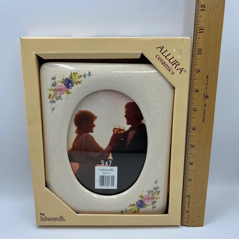 Vintage 80s Allura Ceramics Intercraft 5x7 Picture Frame Floral Crackle Glaze